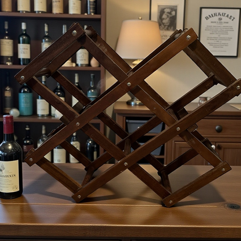 Vintage Wood Wine Rack 6 Bottle Expanding Folding Accordion Style Holder Barware
